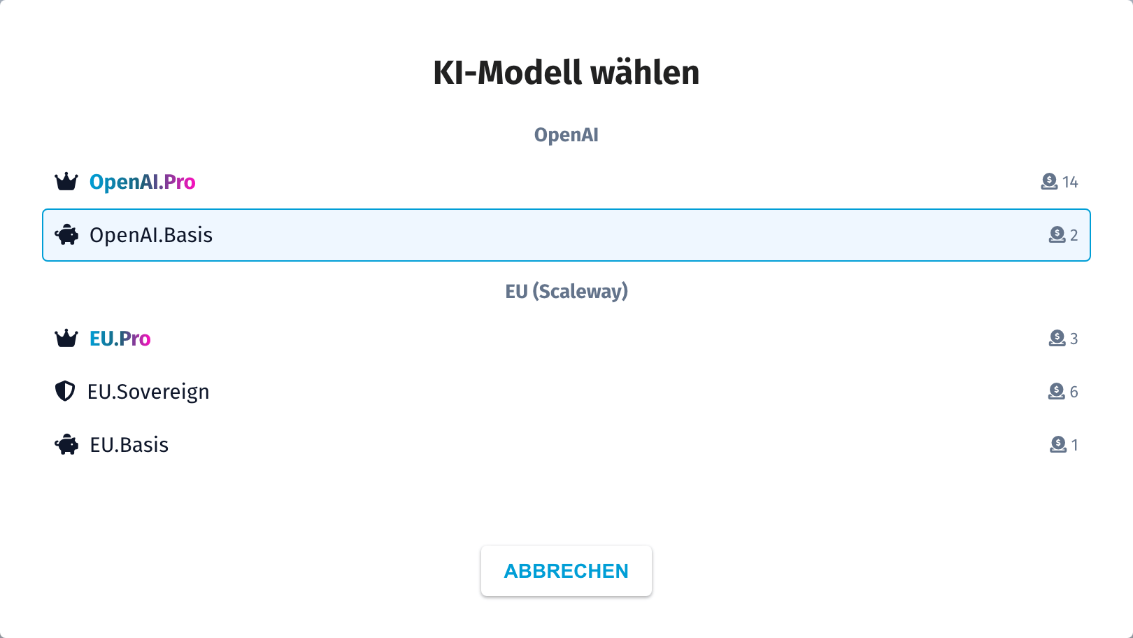 Auswahl der KI-Modelle im Chat