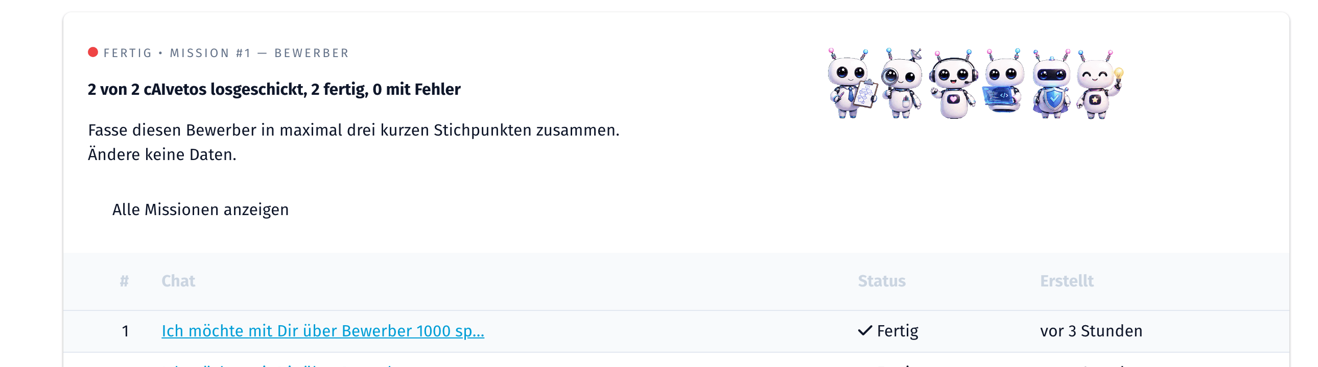 Statusseite einer abgeschlossenen Mission