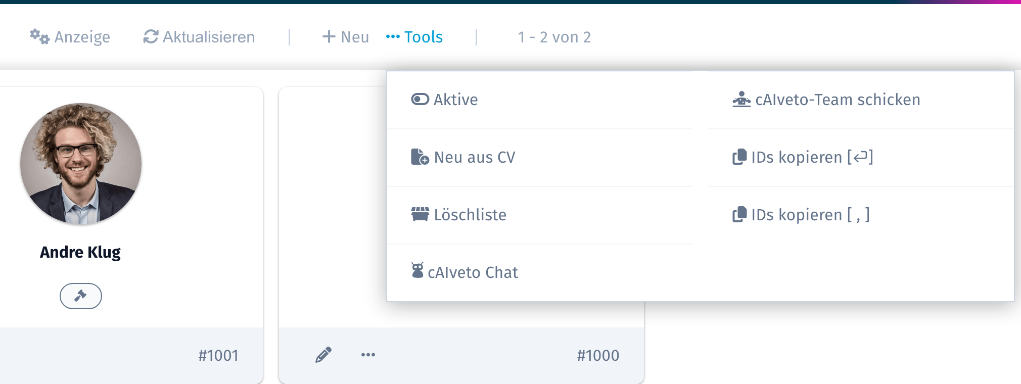Der Toolbox-Button in der Listenansicht